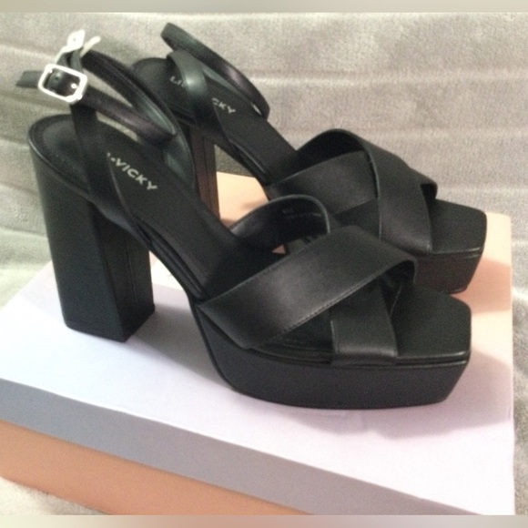 Lisa Vicky Jazz Black Leather Strappy Platform Block Heels Size 9 M - Picture 6 of 11